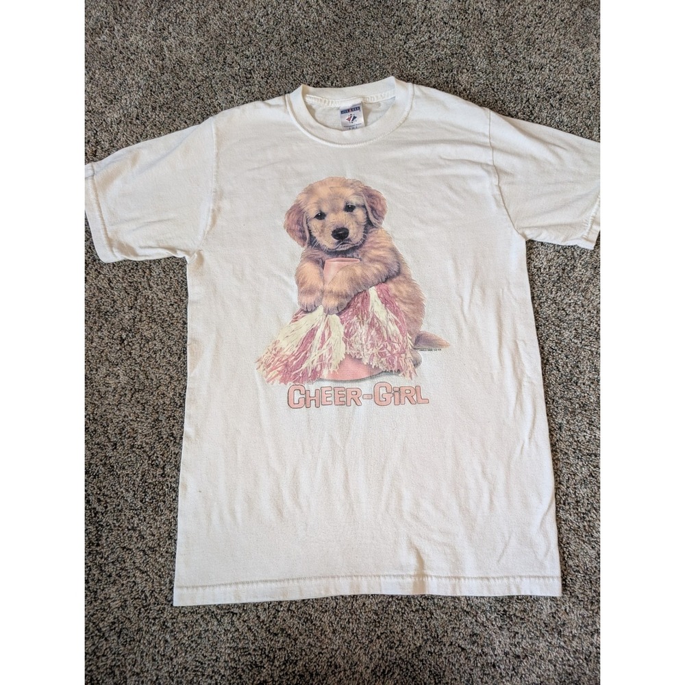 Vintage Jerzees Cheer-Girl Golden Retrieverâ Puppy Graphic T-Shirt White Small
